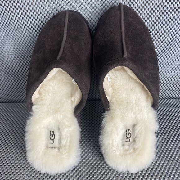 UGG Scuff Slippers Mens Size 11 Brown Leather Sheepskin Shearling Slide On - Picture 7 of 11